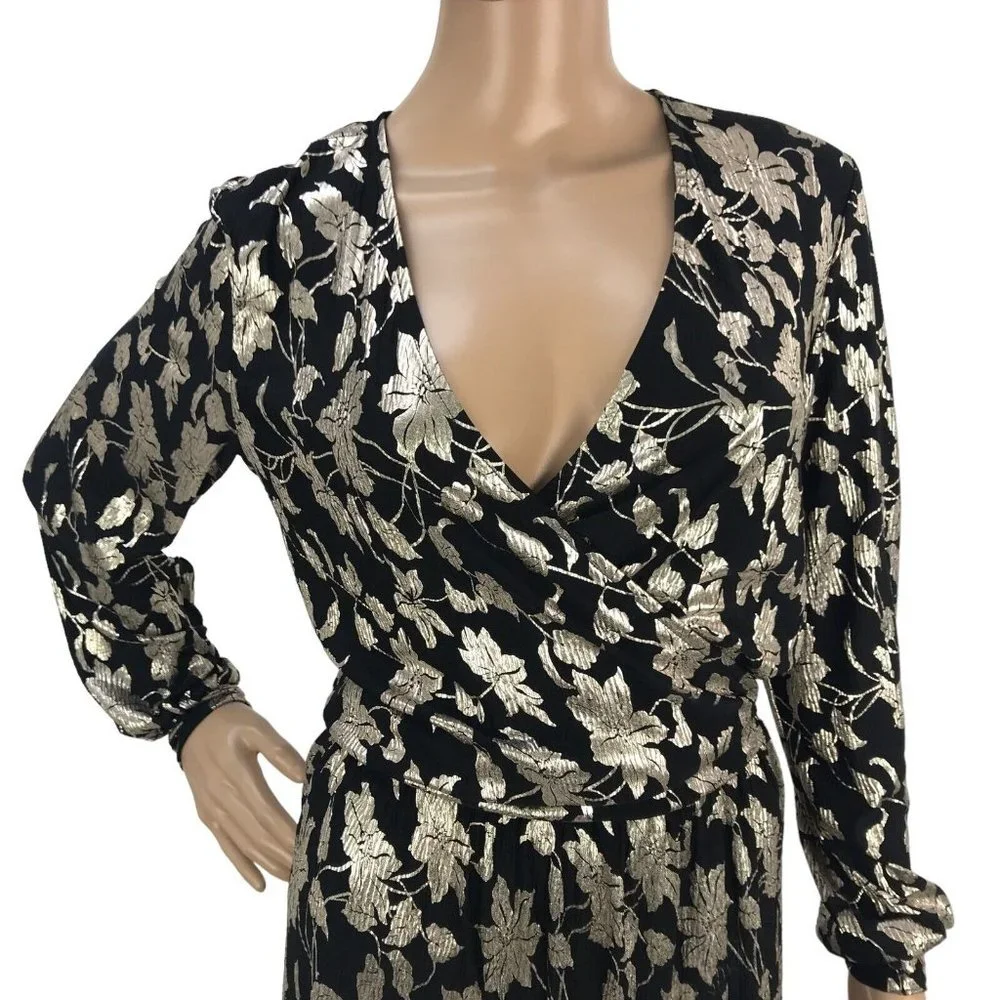 NWT Vero Moda Womens Floral A-Line Dress Metallic Long Sleeve VNeck Mini Dress S